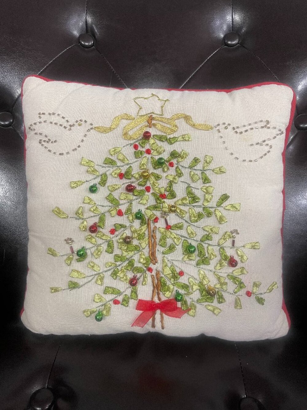Christmas Tree Ribbon Embroidered Beaded Holiday Accent Pillow 10x10